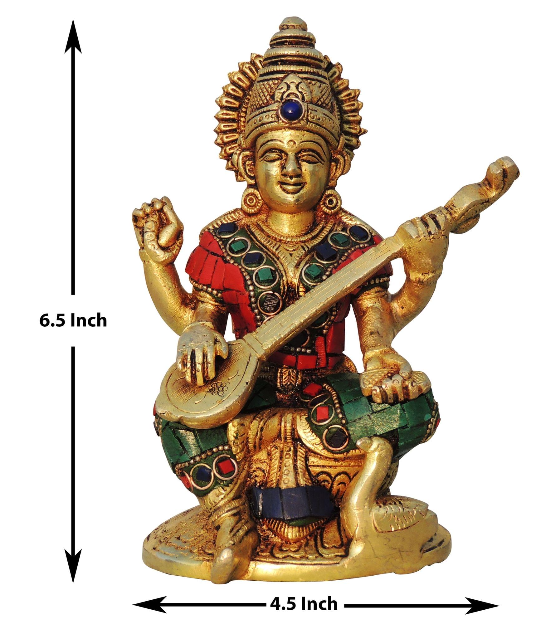 Brass Showpiece Saraswati ji idol statue with Stone finish