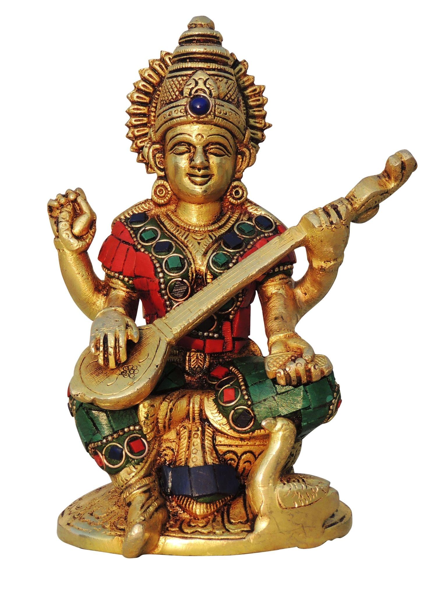 Brass Showpiece Saraswati ji idol statue with Stone finish - Image 2