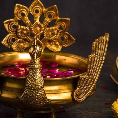 Festive Decoration Brass Home Decor Hand Carved Peacock More Design Urli/Pot - Image 3