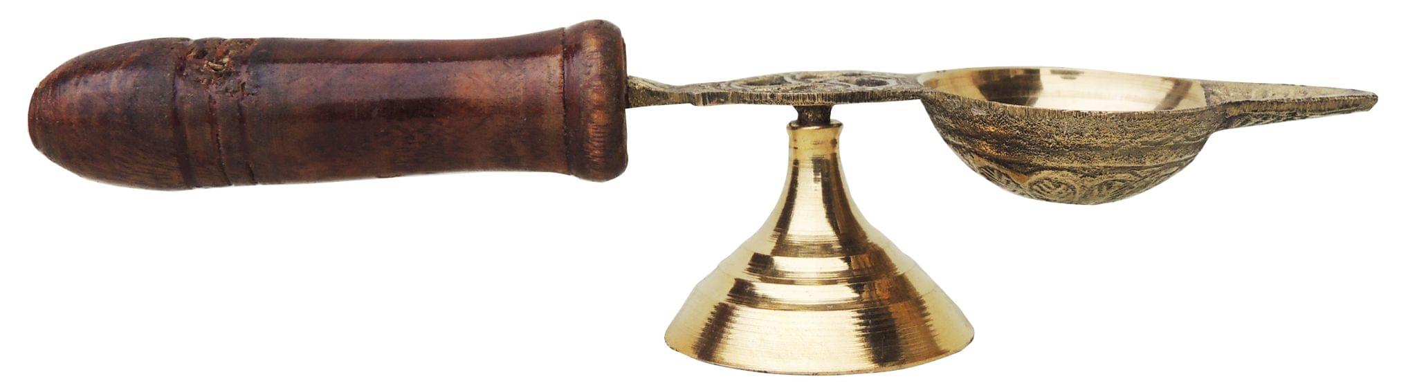 Brass Table Decor Oil Lamp Deepak With Wooden Handle - Image 2