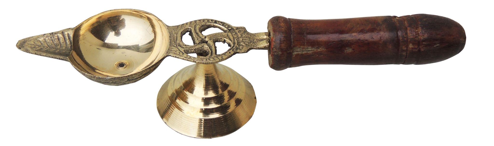 Brass Table Decor Oil Lamp Deepak With Wooden Handle
