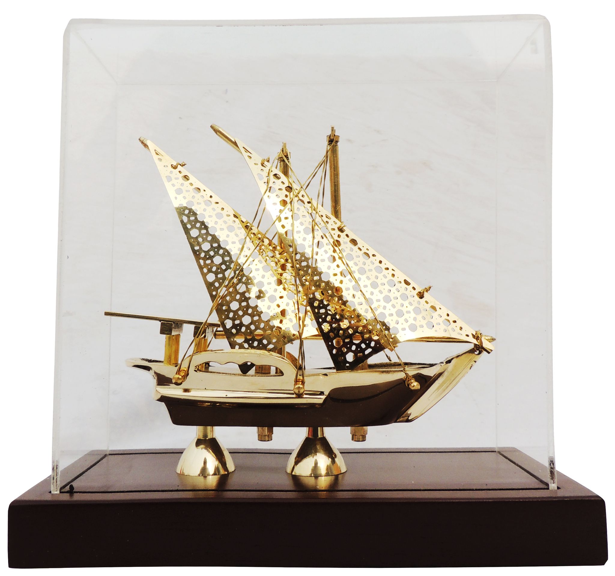 Brass Decorative Showpiece Ship Covered With Box, Wooden Base - Image 2